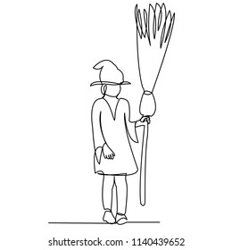 continuous single drawn one line little witch hand-drawn picture silhouette. Line art. witch