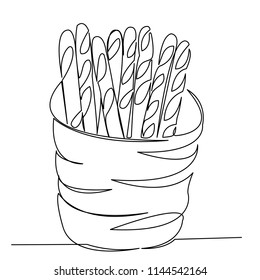 continuous single drawn one line boy bread drawn by hand picture silhouette. Line art. French loaves in the basket