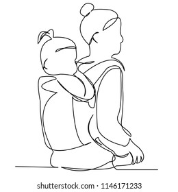 continuous single drawn one line with a child on hands painted by hand picture silhouette. Line art. character mommy with the baby in his arms for a walk baby in kangaroo.Doodle