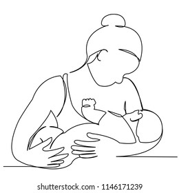 una mujer de línea única continua está amamantando una silueta de imagen dibujada por un niño. La madre del personaje de Line art alimenta a un bebé recién nacido. Doodle