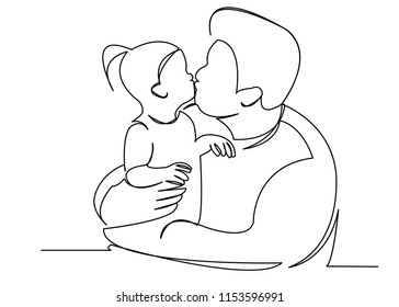 continuous single drawn one line dad kisses her daughter hand-drawn picture silhouette. Line art. doodle