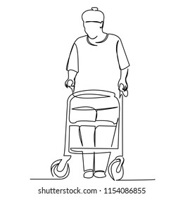 continuous single drawn one line elderly woman with a walker hand-drawn picture silhouette line art. doodle.