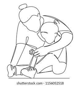continuous single drawn one line mom with daughter knotted laces hand-drawn picture silhouette, doodle. Line art. mother teaches daughter to tie shoelaces