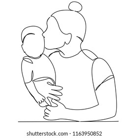 continuous single drawn one line mom kisses her child hand-drawn picture silhouette. Line art. character woman with a child. doodle