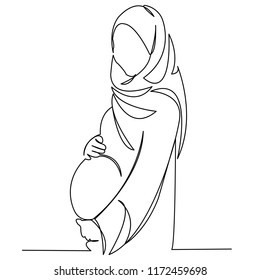 continuous single drawn one line woman Muslim woman pregnant hand  drawn picture silhouette  Line art  character Muslim woman waiting for the birth child