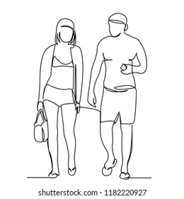 una línea continua dibujada por una sola línea en pareja enamorada en la silueta de la playa dibujada a mano. Doodle de línea
