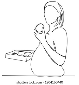 continuous single drawn one line. pregnant woman eats donut, cake. hand-drawn picture silhouette. Line art. doodle.