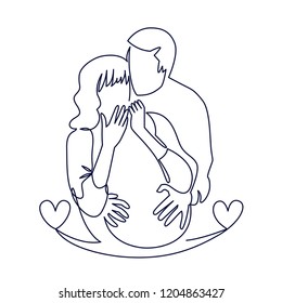 Continuous single drawn one line of enamored conjugal pregnant couple drawn by hand picture silhouette. One line art vector illustration. Character of a pregnant woman with her husband