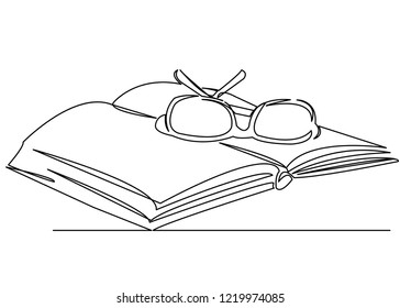 continuous single drawn one line glasses lie on the book a hand-drawn picture silhouette. Line art. doodle