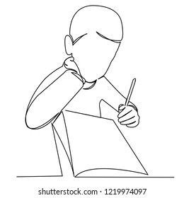 continuous single drawn one line boy does homework hand-drawn picture silhouette. Line art. doodle