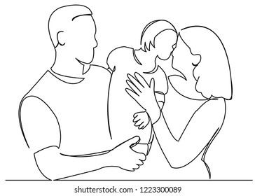 continuous single drawn one line mom dad and child happy family hand-drawn picture silhouette. line art doodle