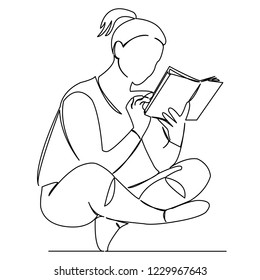 continuous single drawn one line girl reading a book in lotus pose hand-drawn picture silhouette. Line art. doodle