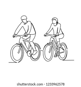 continuous single drawn one line of loving couple riding bicycles hand-drawn picture silhouette. Line art. doodle