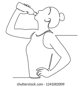 continuous single drawn one line girl athlete drinks water hand-drawn picture silhouette. Line art. Doodle