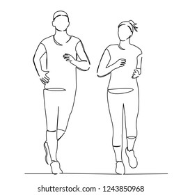 continuous single drawn one line of a loving couple playing sports, running around a hand-drawn picture of a silhouette. Line art. doodle