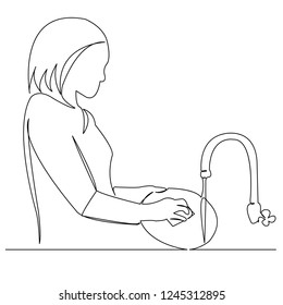 continuous single drawn one line girl, woman washing dishes hand-drawn picture silhouette. Line art. doodle