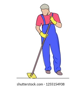 continuous single drawn one line male cleaner washes the floor painted by hand picture silhouette. Line art. color illustration of character cleaner