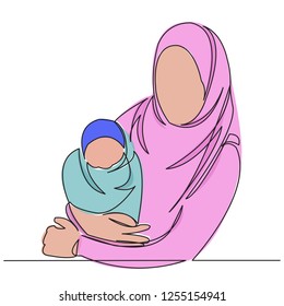 continuous single drawn one line Muslim woman with children on hands painted by hand silhouette picture. Line art color illustration of the character muslim mom