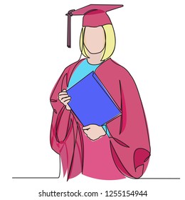 continuous single drawn one line girl student drawn by hand picture silhouette. Line art. graduate student graduate color illustration of a character graduate