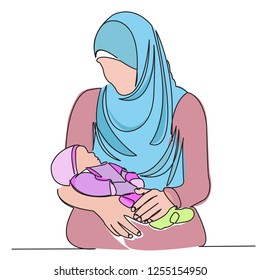 continuous single drawn one line Muslim woman with children on hands painted by hand silhouette picture. Line art color illustration of the character muslim mom 