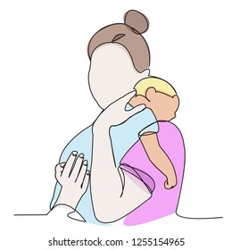 continuous single drawn one line woman in hospital with a newly born child drawn by hand picture silhouette. Line art character mother with newborn baby color illustration of character mother with bab