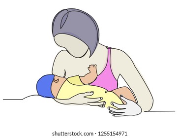 continuous single drawn one line woman is breastfeeding a child drawn picture silhouette. Line art. character mother feeds a newborn baby color illustration of character mother breastfeeding