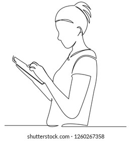 continuous single drawn one line girl woman with tablet hand-drawn picture silhouette. line art doodle