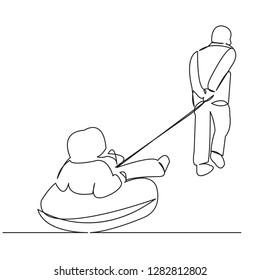 continuous single drawn one line dad rolls baby snow tubing inflatable tubing in the snow hand-drawn picture silhouette. Line art.Doodle