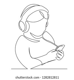 continuous single drawn one line. girl listens to music in headphones. hand-drawn picture silhouette. Line art.Doodle