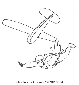 the continuous single drawn one line parachutist jumps out of the plane, the athlete, extreme hand-drawn picture silhouette. Line art. Doodle