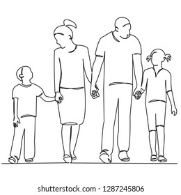 continuous single drawn one line family mom dad son daughter hand-drawn picture silhouette. Line art. doodle