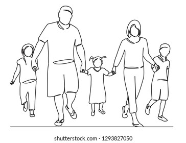 Continuous Single Drawn One Line Family Mum Dad And Two Daughters And Son Big Family Hand-drawn Picture Silhouette. Line Art. Doodle