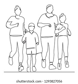 Continuous Single Drawn One Line Family Mom Dad And Children Go In For Sports Run Hand-drawn Picture Silhouette. Line Art. Doodle