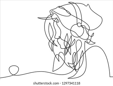 continuous single drawn one line. girl woman listens to music with headphones