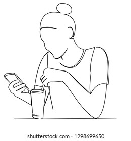 continuous single drawn one line girl drinks coffee and speaks on the hand-drawn picture silhouette. Line art. doodle