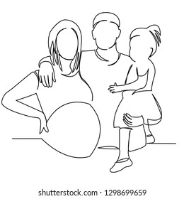 continuous single drawn one line family pregnant mom, dad, daughter hand-drawn picture silhouette. Line art. doodle