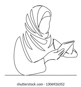 continuous single drawn one line muslim girl woman working in tablet hand-drawn picture silhouette. Line art. doodle