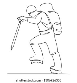 continuous single drawn one line climber alpinist backpacker hand-drawn picture silhouette. Line art. doodle