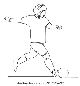 Continuous Single Drawn One Line Muslim Woman Playing Football Hand-drawn Picture Silhouette. Line Art. Doodle