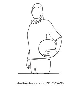 Continuous Single Drawn One Line Muslim Woman Playing Football Hand-drawn Picture Silhouette. Line Art. Doodle