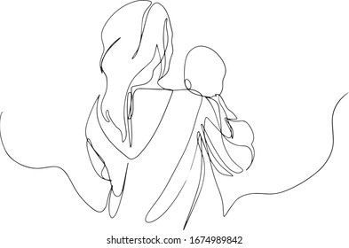 continuous single drawn one line woman in hospital with newborn child. hand-drawn silhouette image. Line art. character mother with newborn baby. mom with baby one line Vector illustration