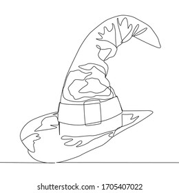 continuous single drawn one line witch cap hand-drawn picture silhouette. Line art. Halloween Holiday