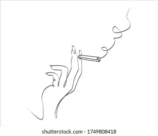 continuous single drawn one line hand with a cigarette hand-drawn picture silhouette. line art doodle