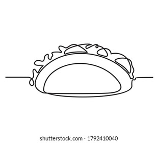 Continuous single drawn one line taco hand-drawn picture silhouette. One line drawing of Taco junk food. Line art. Mexican food tacos
