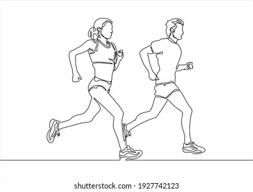 Continuous Single Drawn One Line Man And Woman On A Run. Character Woman And Man Running Around