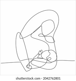 continuous single drawn one line of breastfeeding woman child drawn silhouette image. line art. mother character feeding newborn baby