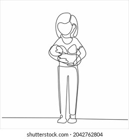 continuous single drawn one line of breastfeeding woman child drawn silhouette image. line art. mother character feeding newborn baby