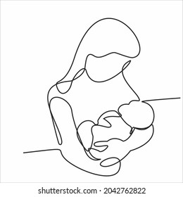 continuous single drawn one line of breastfeeding woman child drawn silhouette image. line art. mother character feeding newborn baby