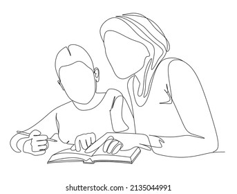 continuous single drawn one line mom makes with daughter lessons drawn from the hand picture silhouette. Line art. character daughter and mom are engaged