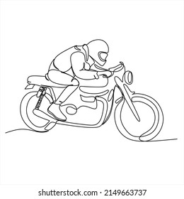 una mujer de una línea de dibujo único continua conduce una moto de moto dibujada con silueta de imagen a mano. Arte de línea.
